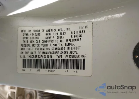 2015 Honda Accord Hybrid Ex-L from USA, damaged, VIN 1HGCR6F53FA006548